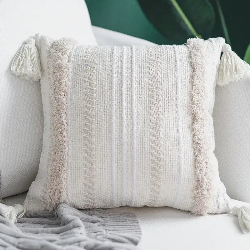 Cream geometric embroidery cushion cover living room textured tassels