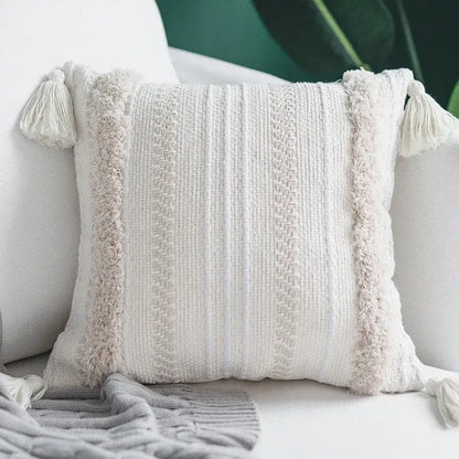 Cream geometric embroidery cushion cover living room textured tassels