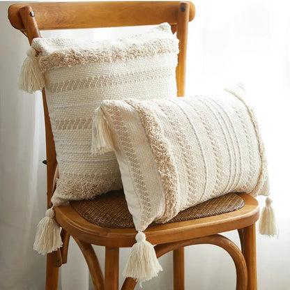 Cream geometric embroidery cushion cover living room textured tassels