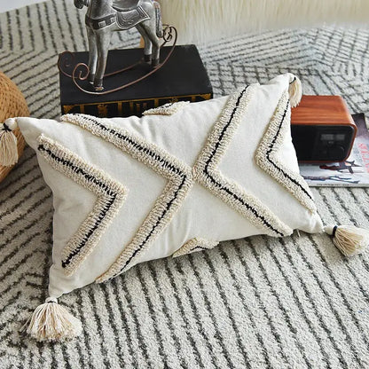 Cream geometric embroidery cushion cover living room textured tassels