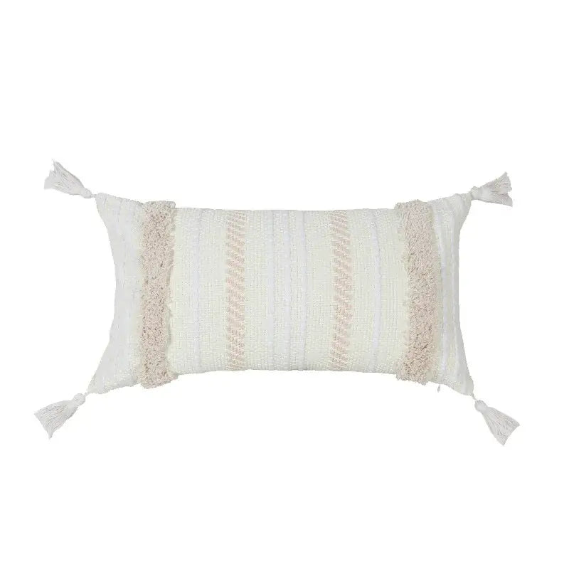 Cream geometric embroidery cushion cover living room textured tassels