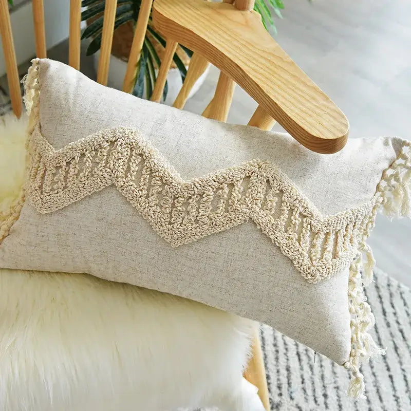 Cream geometric embroidery cushion cover living room textured tassels