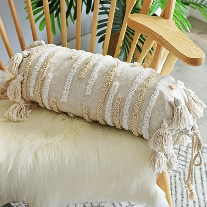 Cream geometric embroidery cushion cover living room textured tassels