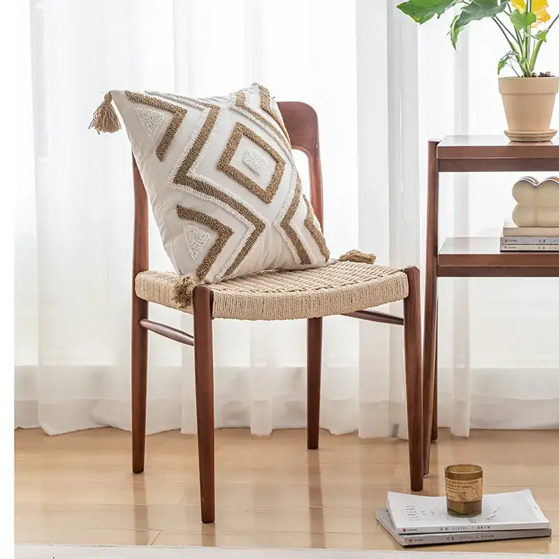 Cream geometric embroidery cushion cover living room textured tassels