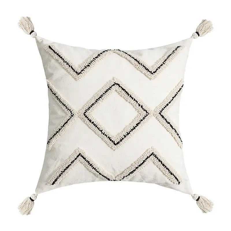 Cream geometric embroidery cushion cover living room textured tassels