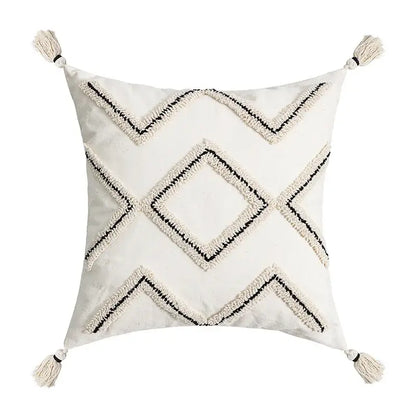 Cream geometric embroidery cushion cover living room textured tassels