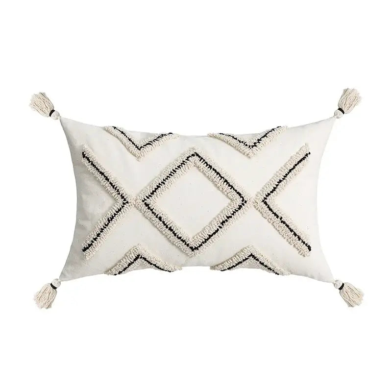 Cream geometric embroidery cushion cover living room textured tassels