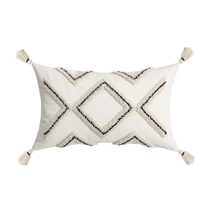 Cream geometric embroidery cushion cover living room textured tassels