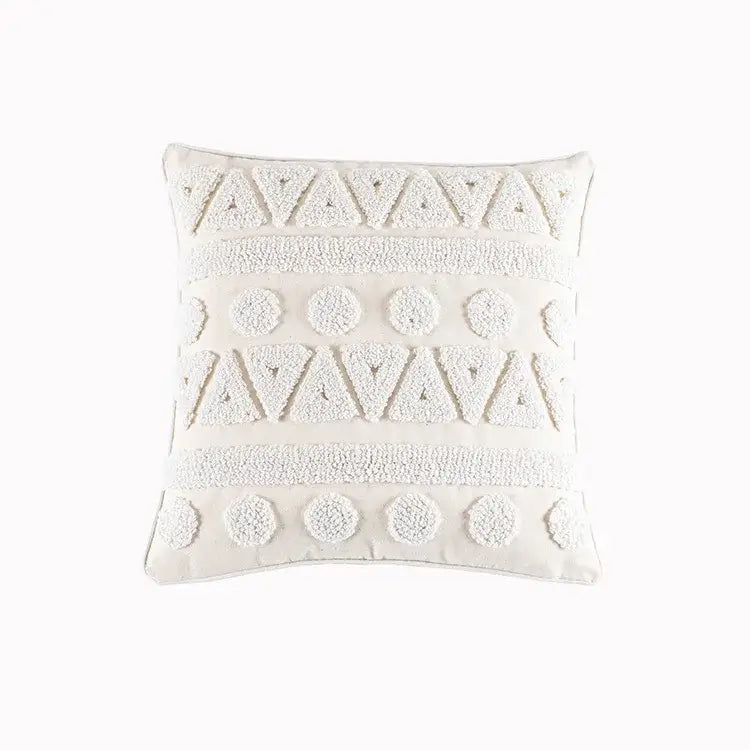 Cream geometric embroidery cushion cover living room textured tassels