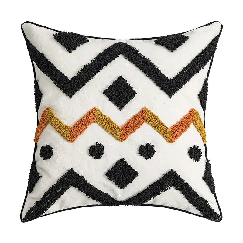 Cream geometric embroidery cushion cover living room textured tassels
