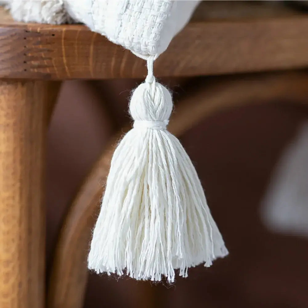 Cream geometric embroidery cushion cover living room textured tassels