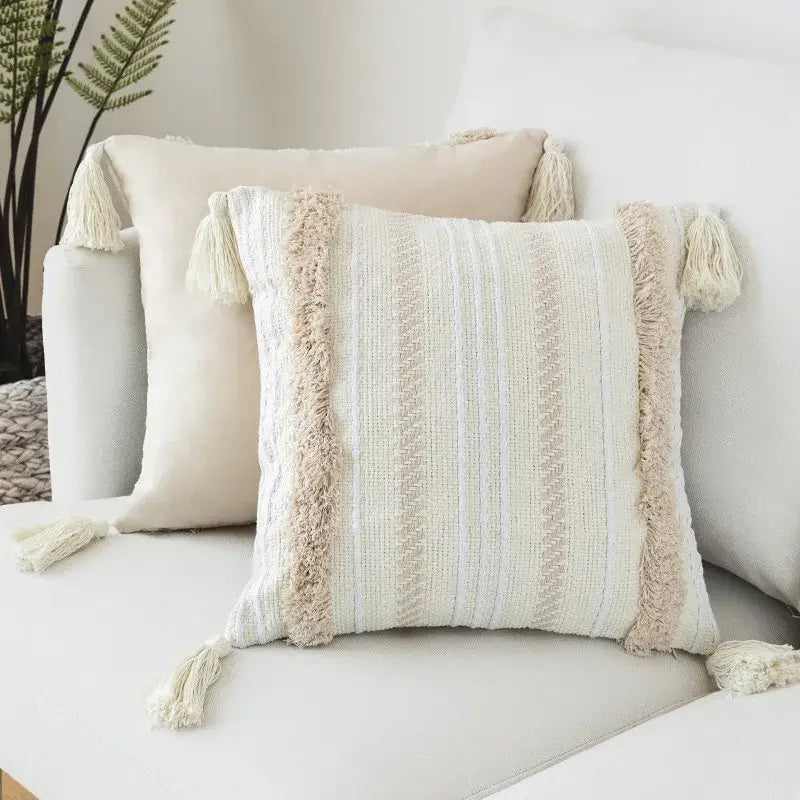 Cream geometric embroidery cushion cover living room textured tassels