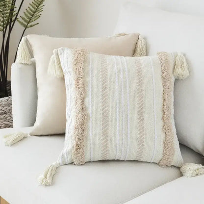 Cream geometric embroidery cushion cover living room textured tassels