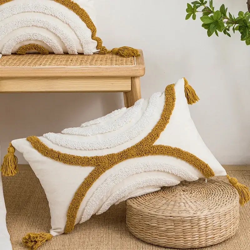 Cream geometric embroidery cushion cover living room textured tassels