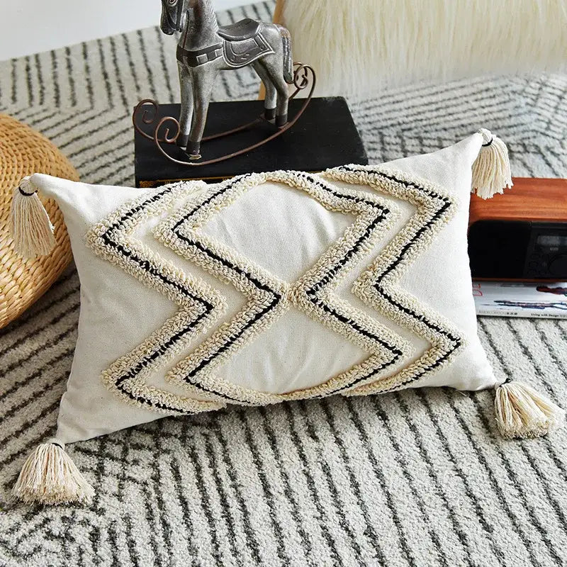 Cream geometric embroidery cushion cover living room textured tassels