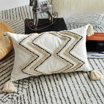 Cream geometric embroidery cushion cover living room textured tassels