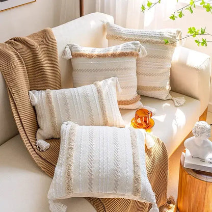 Cream geometric embroidery cushion cover living room textured tassels