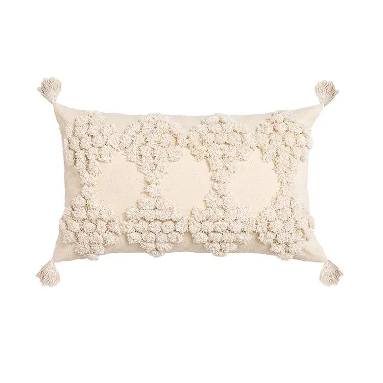 Cream geometric embroidery cushion cover living room textured tassels