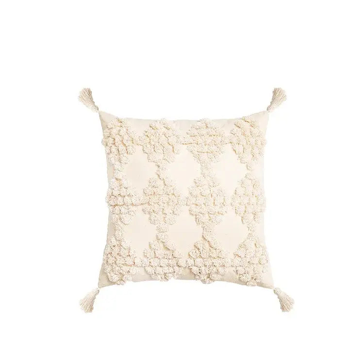 Cream geometric embroidery cushion cover living room textured tassels