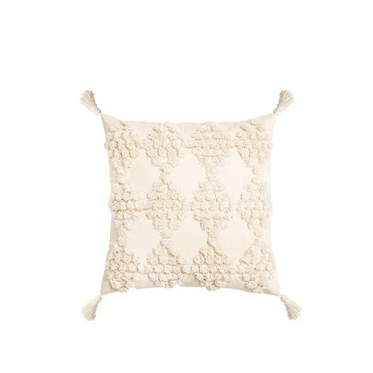 Cream geometric embroidery cushion cover living room textured tassels