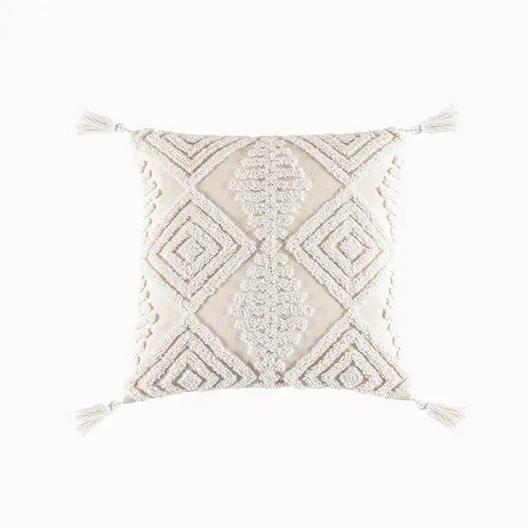 Cream geometric embroidery cushion cover living room textured tassels