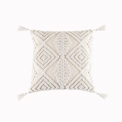 Cream geometric embroidery cushion cover living room textured tassels