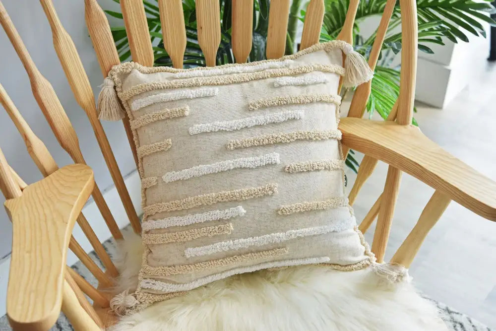 Cream geometric embroidery cushion cover living room textured tassels