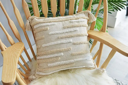 Cream geometric embroidery cushion cover living room textured tassels