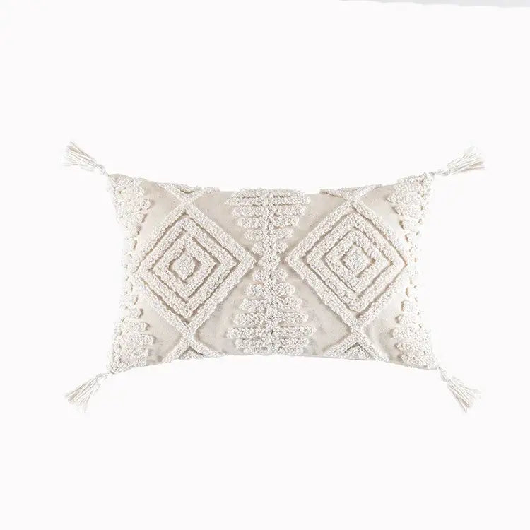 Cream geometric embroidery cushion cover living room textured tassels