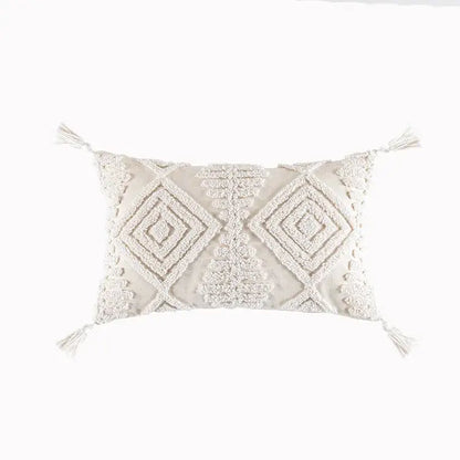 Cream geometric embroidery cushion cover living room textured tassels