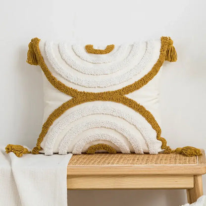 Cream geometric embroidery cushion cover living room textured tassels