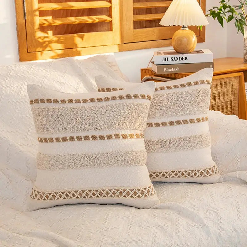 Cream geometric tufted cushion cover living room macrame fringe