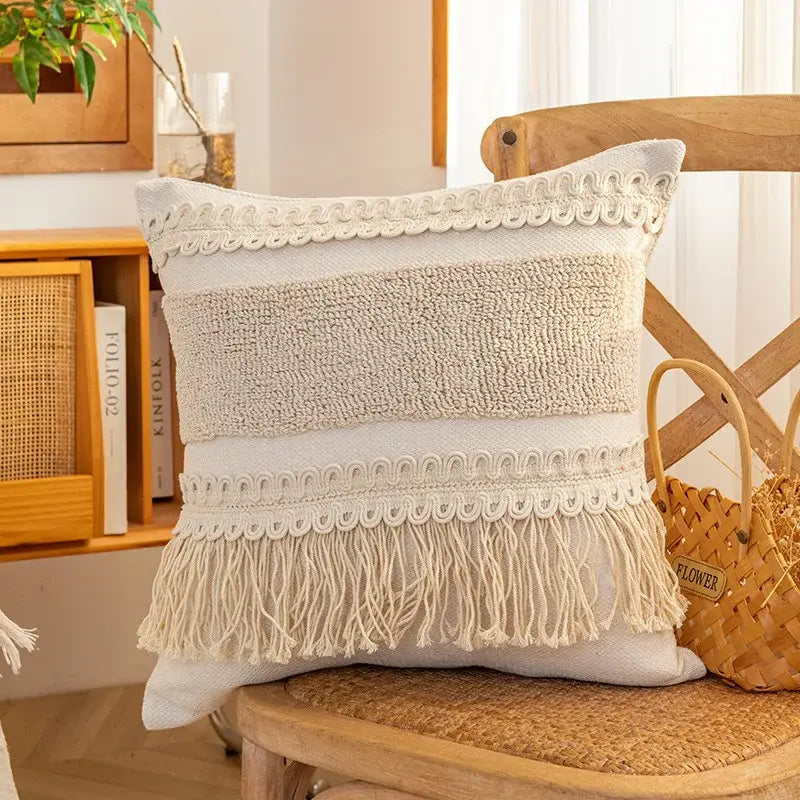 Cream geometric tufted cushion cover living room macrame fringe