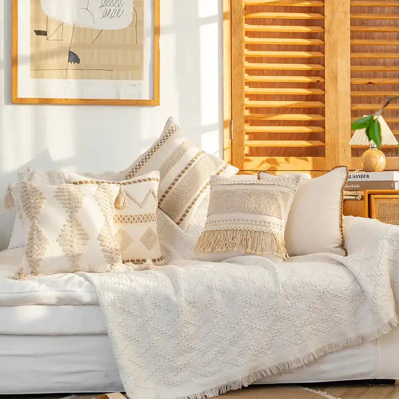 Cream geometric tufted cushion cover living room macrame fringe