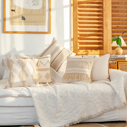 Cream geometric tufted cushion cover living room macrame fringe