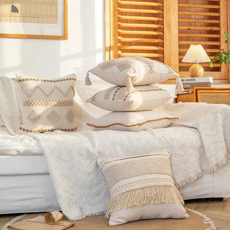 Cream geometric tufted cushion cover living room macrame fringe