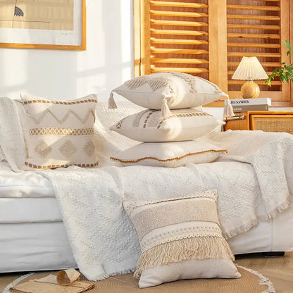 Cream geometric tufted cushion cover living room macrame fringe