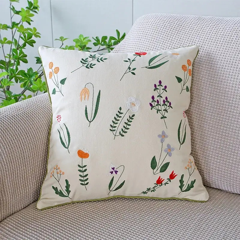 Cream green tulip embroidery cushion cover living room pillow case