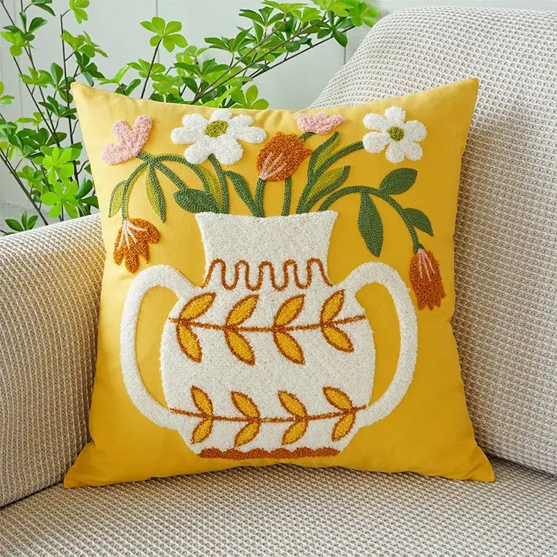 Cream green tulip embroidery cushion cover living room pillow case