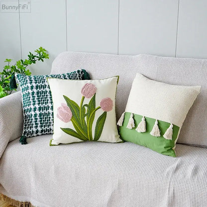 Cream green tulip embroidery cushion cover living room pillow case