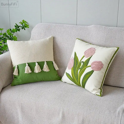 Cream green tulip embroidery cushion cover living room pillow case
