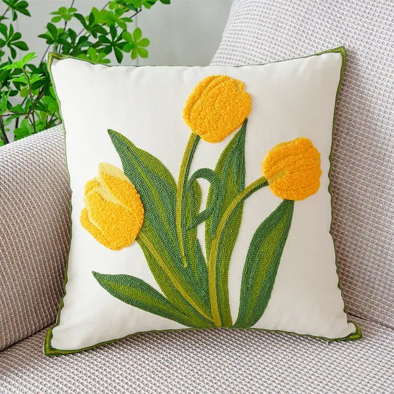 Cream green tulip embroidery cushion cover living room pillow case