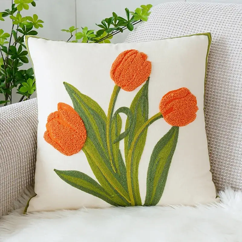 Cream green tulip embroidery cushion cover living room pillow case