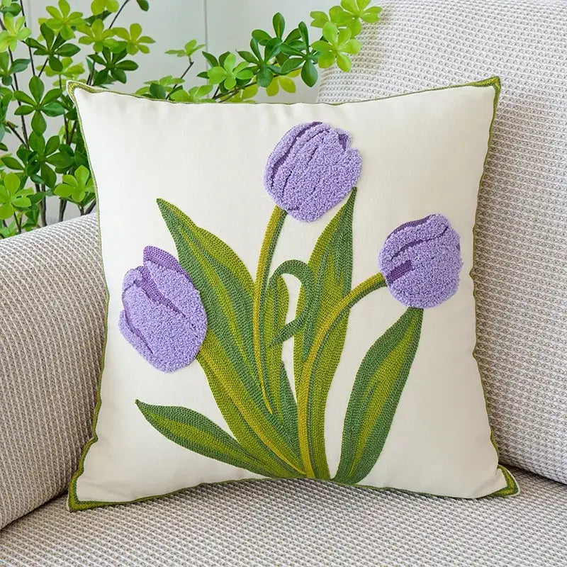 Cream green tulip embroidery cushion cover living room pillow case
