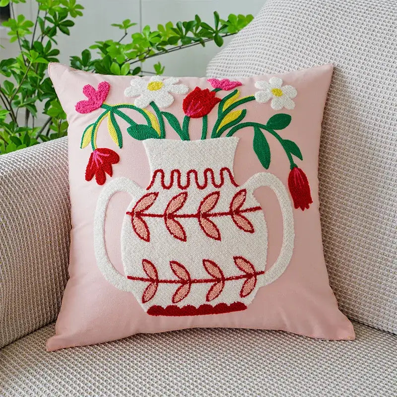 Cream green tulip embroidery cushion cover living room pillow case