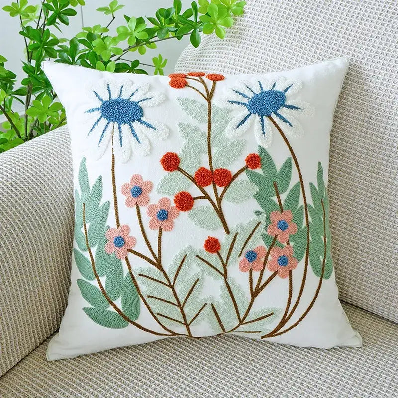 Cream green tulip embroidery cushion cover living room pillow case