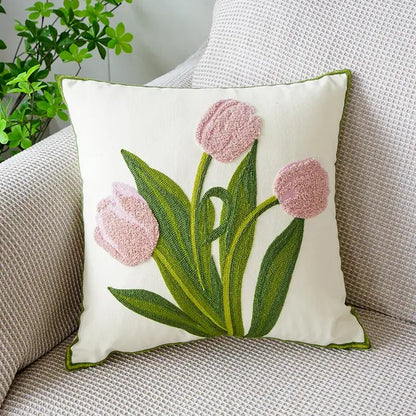 Cream green tulip embroidery cushion cover living room pillow case