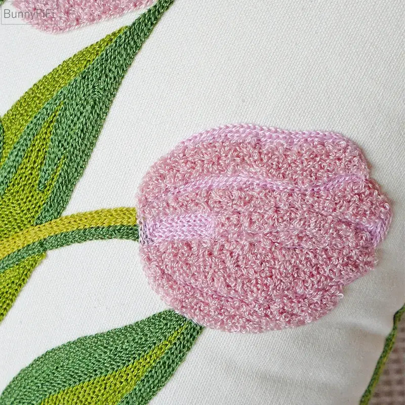 Cream green tulip embroidery cushion cover living room pillow case