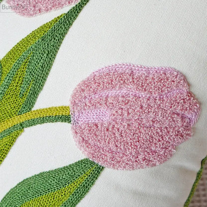 Cream green tulip embroidery cushion cover living room pillow case
