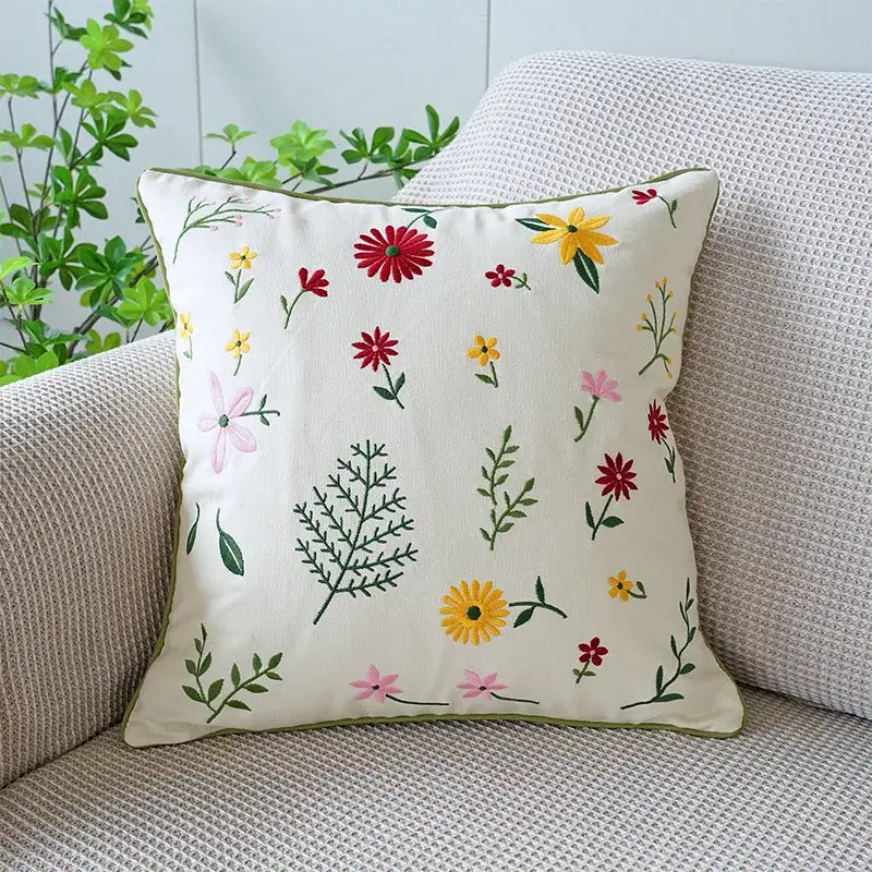 Cream green tulip embroidery cushion cover living room pillow case